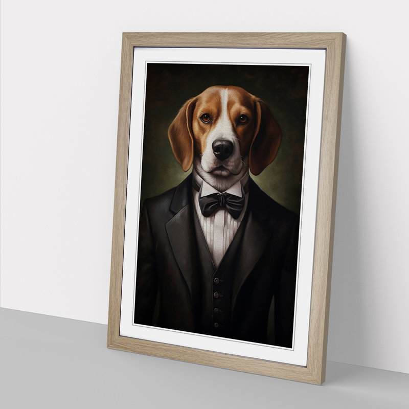 Beagle In A Suit No.4 - Single Picture Frame Print on Wood, 34cm H x 25cm W x 2cm D, Oak Framed