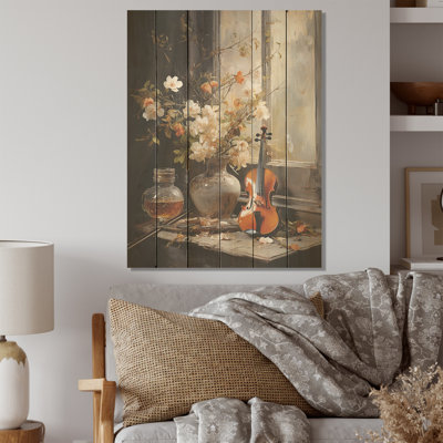 «Music And Flower Still Life - Flowers Wood», art mural sur bois de pin naturel