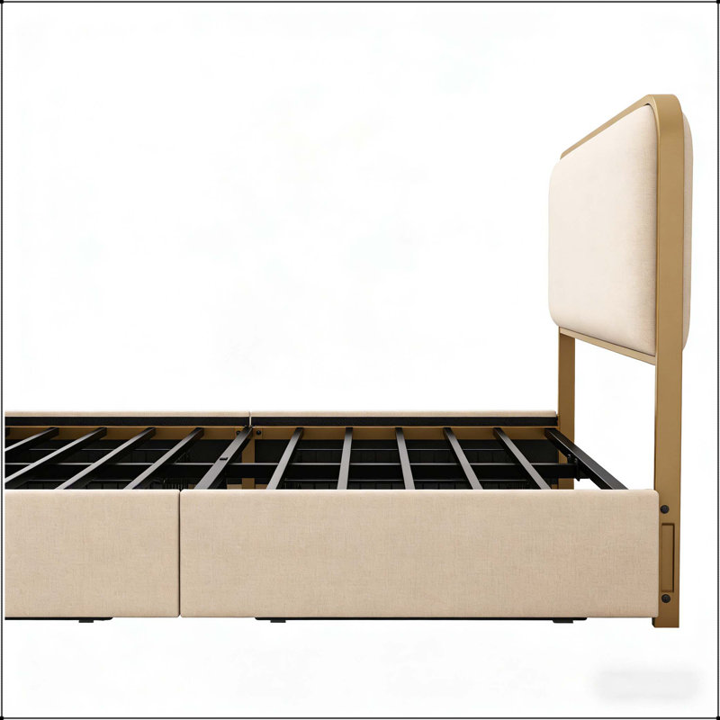 Structure de lit en métal doré avec tête de lit tapissier courbée et pied de lit avec rangement sous le lit, Grand lit