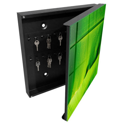 Key box for home, Opens to the right, 30x30x5, Black, Lush green leaves with delicate lines, 