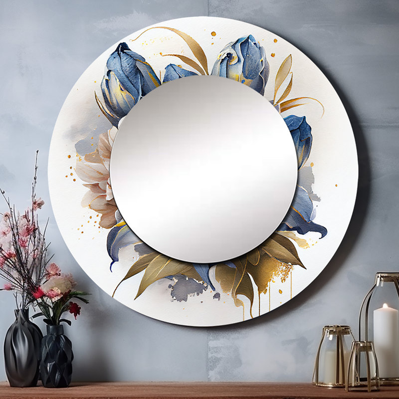 Sirkka Gold And Blue Lily Bouquet III - Lily Mirror, Modern Round Unique Wall Mirror, Printed Metal Art, 36" x 36"