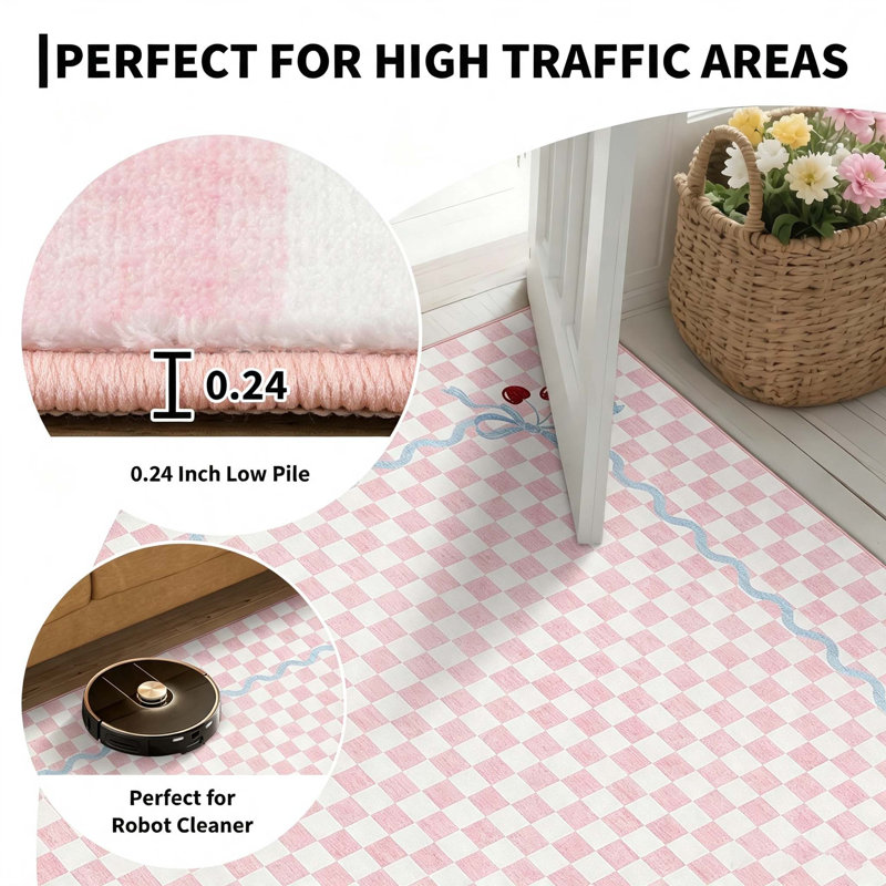 Tapis lavable en faux cerisier Coquette Gingham Cherry avec envers antidérapant, Pink, 8 x 10 pi
