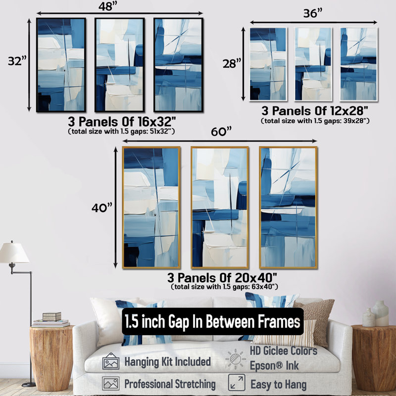 Nautique, formes géométriques blanches et bleues II - art mural géométrique, Cadre flottant noir, H 28 po x l 36 po x P 1 po