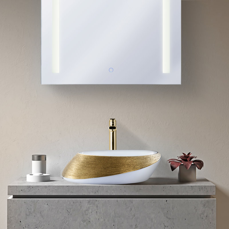 Vitreous China Oval Vessel Bathroom Sink with Overflow, Brushed Gold
