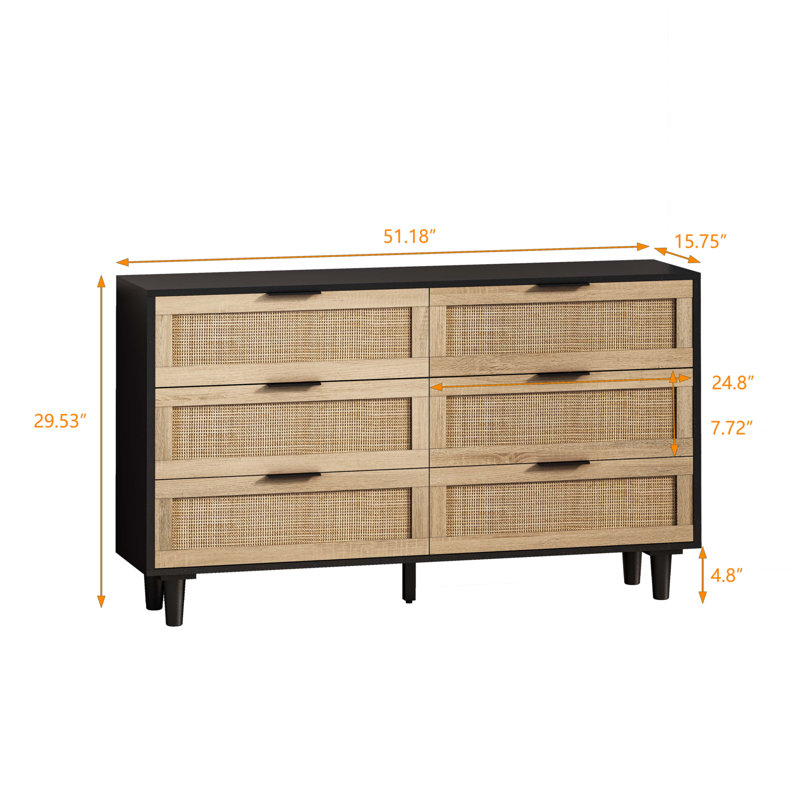 Armoire de rangement en rotin 6 tiroirs, Noir