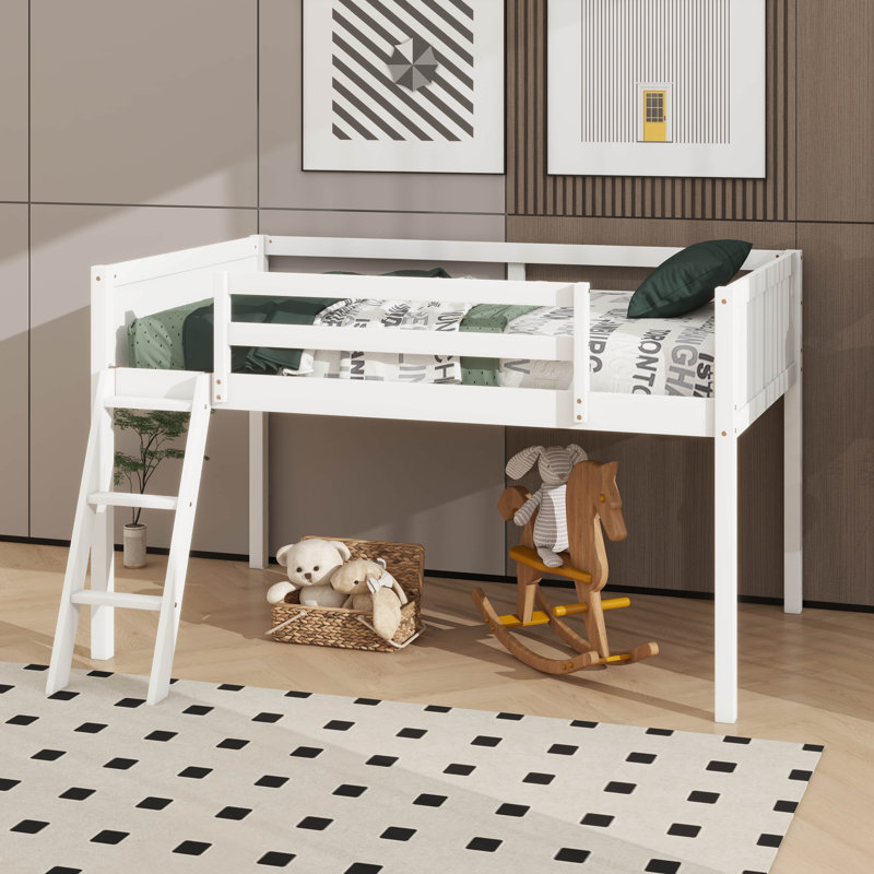Lit mezzanine en bois avec échelle, Blanc, Double