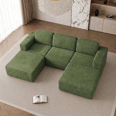 Modular Corduroy Boneless Sofa With 2 Ottomans, No Assembly Required, With High Rebound Sponge