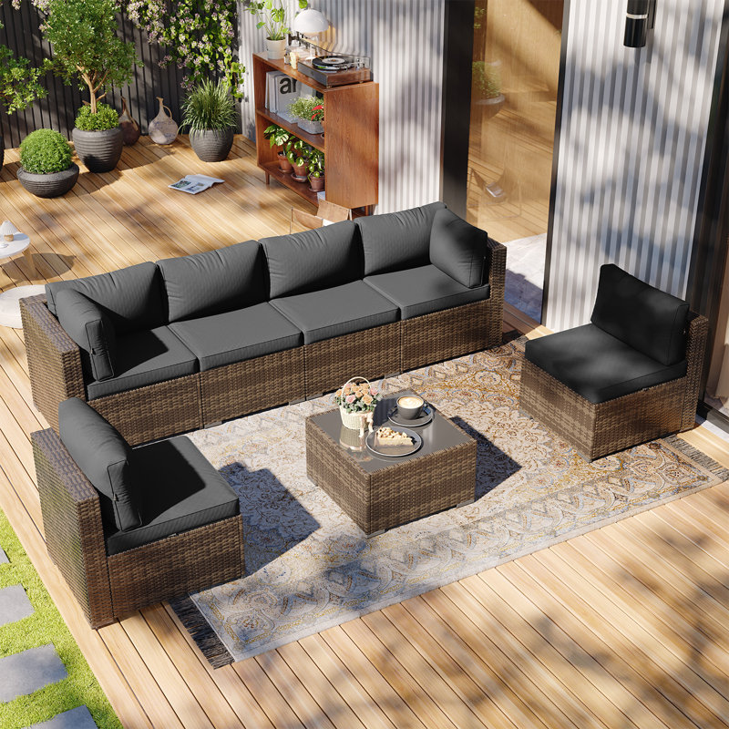 7-Piece 6-Person Symmetrical Outdoor Seating Group, Gray, Brown