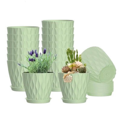 Ensemble de 16 pots à fleurs en plastique vert clair de 4 pouces avec 16 plateaux