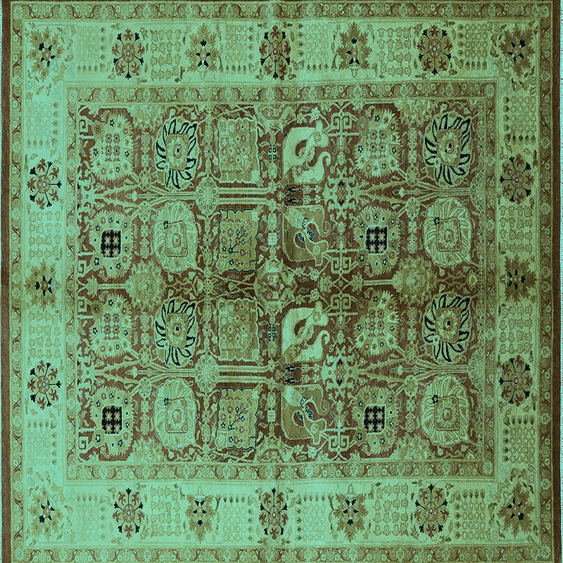 Tapis oriental en laine / polyester tissé à la machine en turquoise / brun, Carré 7 pi