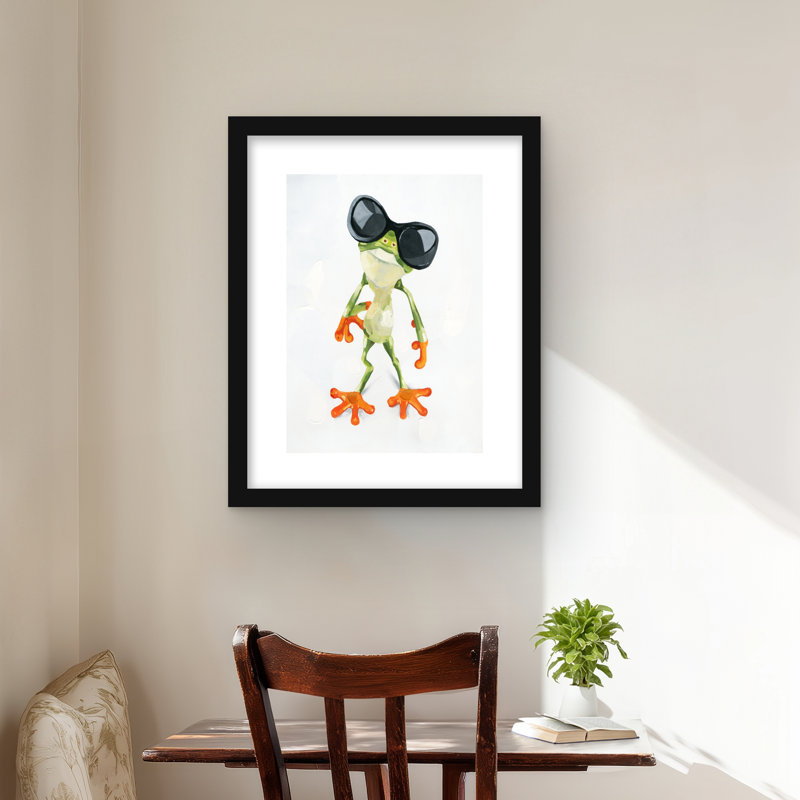 Drôle de grenouille avec lunettes de soleil - reproduction encadrée exotique, H 20 po x l 16 po