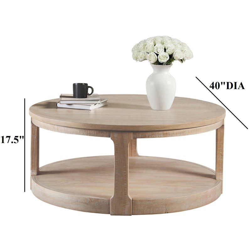 Table basse ronde de style transitionnel, fini naturel, tablette inférieure sur roulettes, meuble de salon