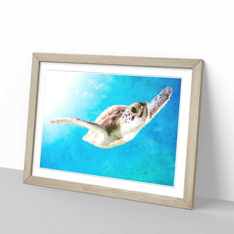 Green Turtle - Picture Frame Graphic Art Print, 62cm H x 87cm W x 2cm D, Oak Framed