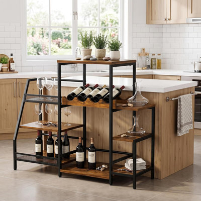 Armoire de bar autoportante à 4 niveaux, support à vin en fer et bois avec garde-corps de protection, tablette de grande capacité pour les bouteilles et les boissons, organisateur de bar pour la maison, brun