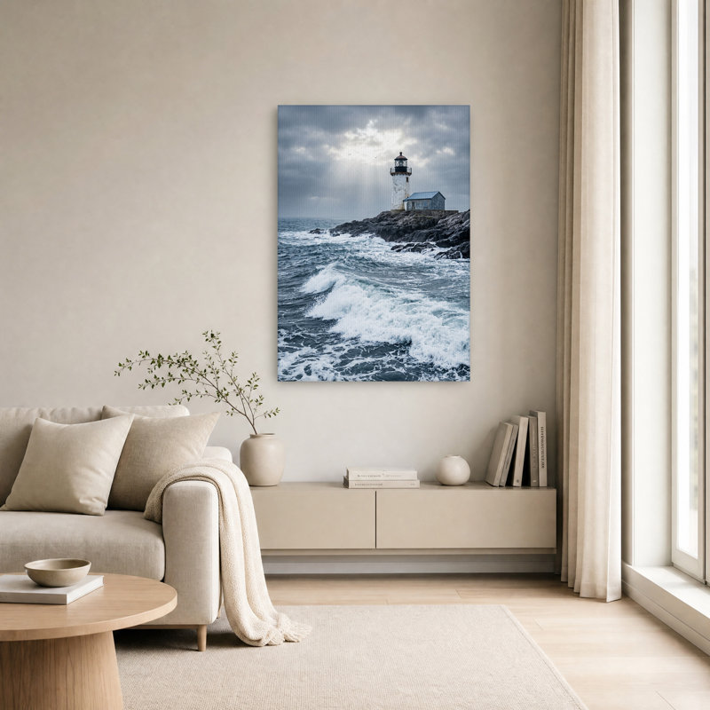 Art mural sur toile avec phare blanc sur une côte rocheuse avec vagues, H 18 po x l 12 po