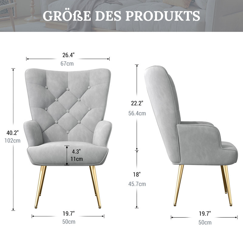 Bastoam 50Cm Wide Tufted Velvet Wingback Chair, Grey