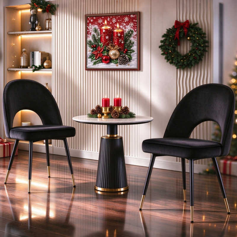 Modern Velvet Dining Chairs Ergonomic Cutout Back with Gold-Tipped Legs, Luxury Upholstered Accent Chairs for Dining/Living Room