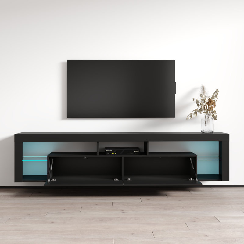 Hugo Modern TV Stand for TVs up to 90" with 16-Color LED Lighting, Glass Shelves, Wall-Mounted, Black