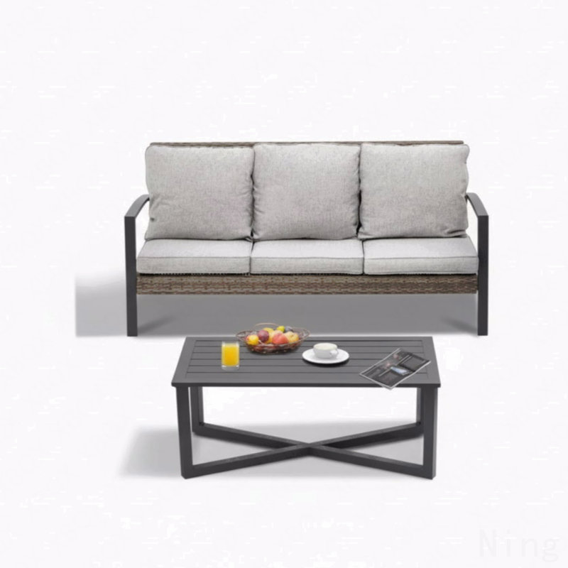 2-Piece Wicker Patio Conversation Set With Gray Cushions & Coffee Table, Gray