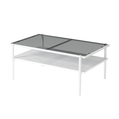 Rectangle Coffee Table With Gray Tempered Glass Top And White Legs, Modern Table For Living Room