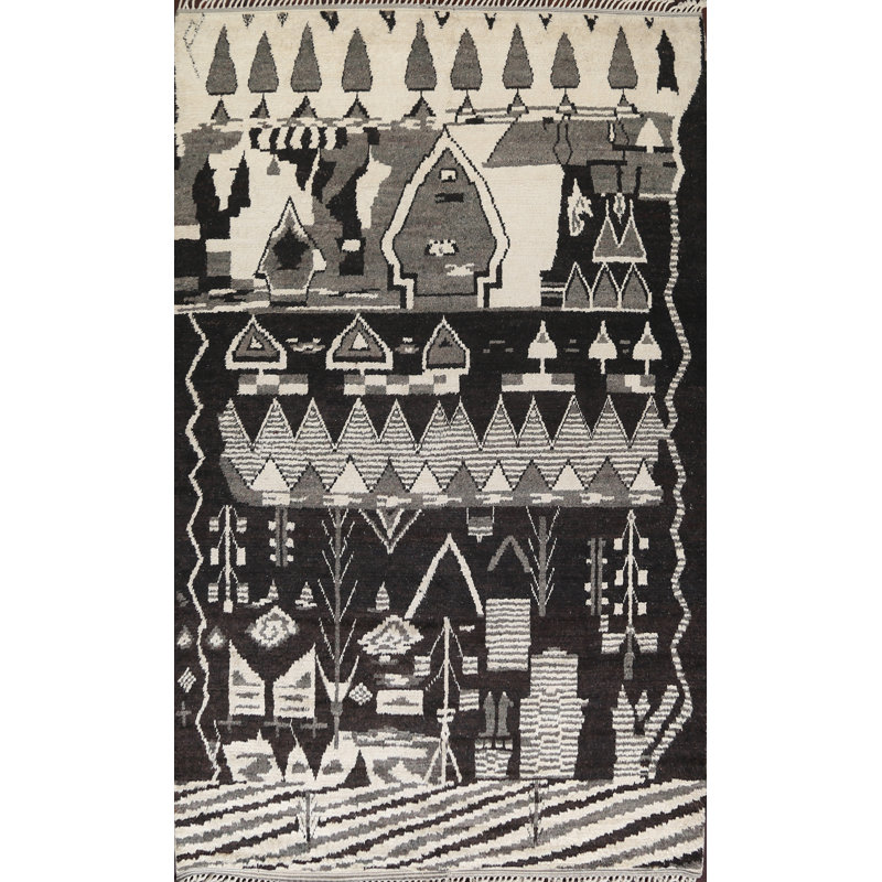 Tapis unique gris anthracite / noir en laine nouée à la main 9 pi 2 po x 12 pi 2 po New Age
