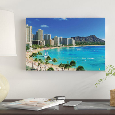 «Palmiers sur la plage, Diamond Head, Waikiki Beach, Oahu, Honolulu, Hawaï, États-Unis», reproduction de photo sur toile