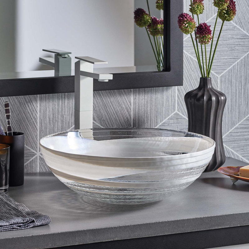 Roma 16" Handmade Murano Glass Round Vessel Bathroom Sink, Seaspray