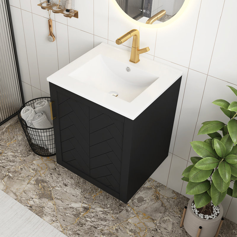 Meuble-lavabo mural noir de 20 po avec armoire latérale, porte à fermeture en douceur, meuble-lavabo moderne avec lavabo en céramique