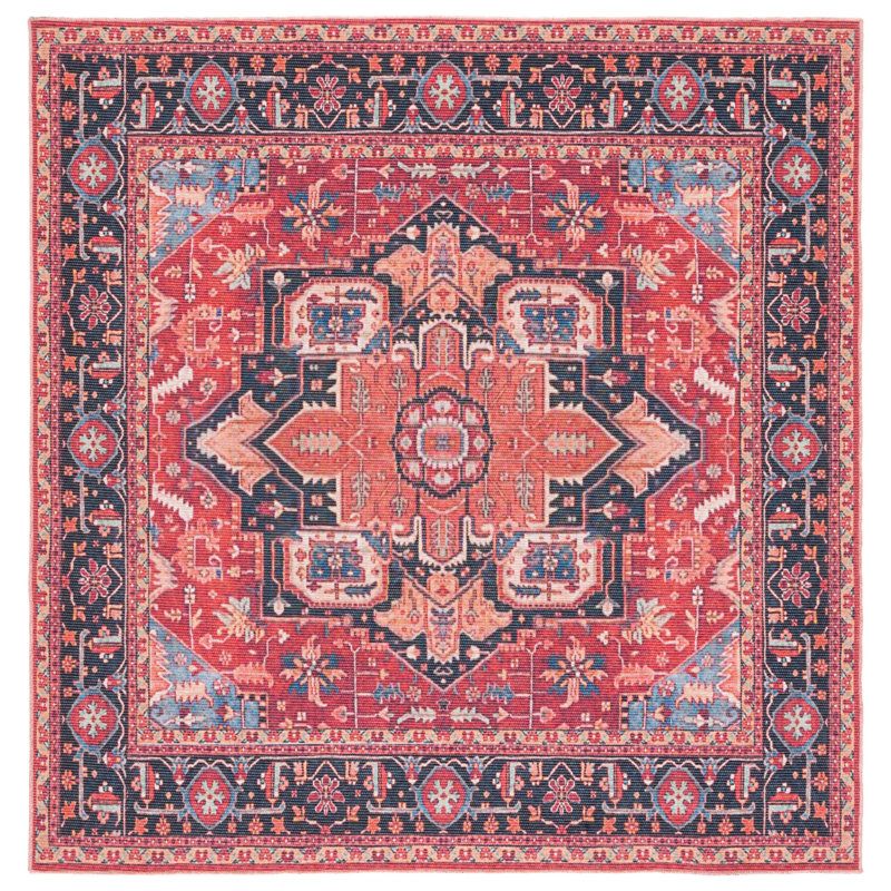 Serapi Red and Blue Square Machine Washable Rug