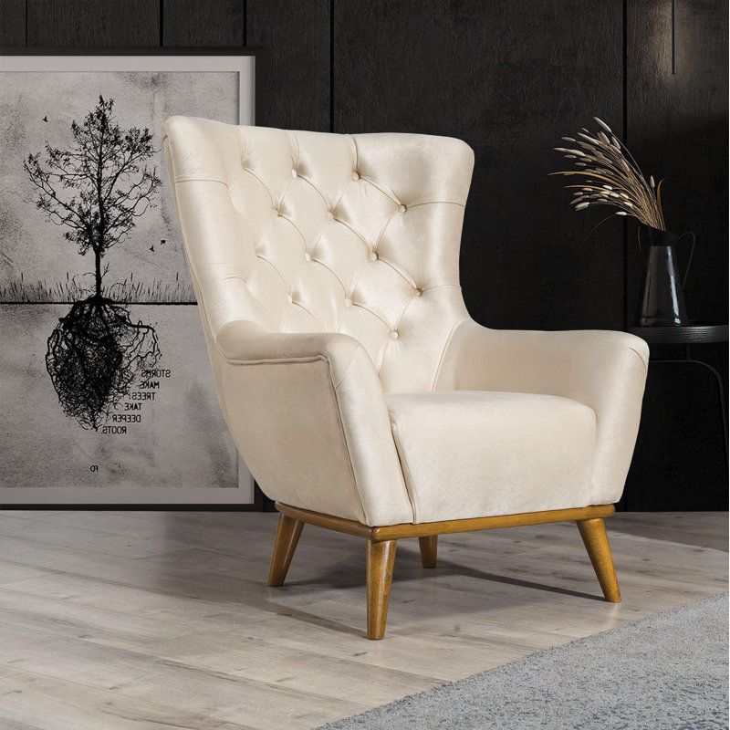 Fauteuil l 32 po, Velours crème, Brun