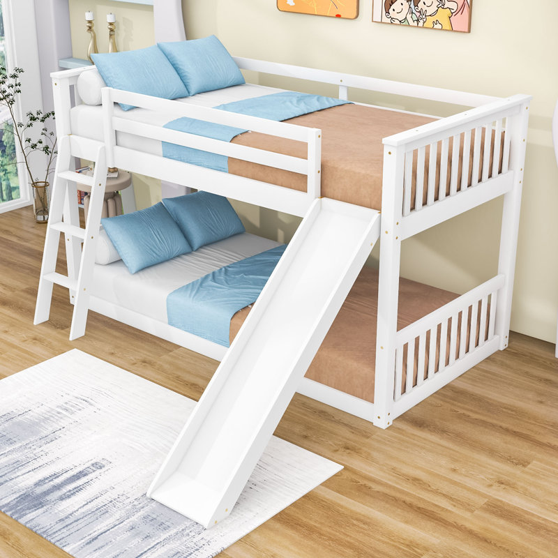 Twin Over Twin Wooden Bunk Bed With Reversible Ladder And Slide, Full-Length Guardrails, White