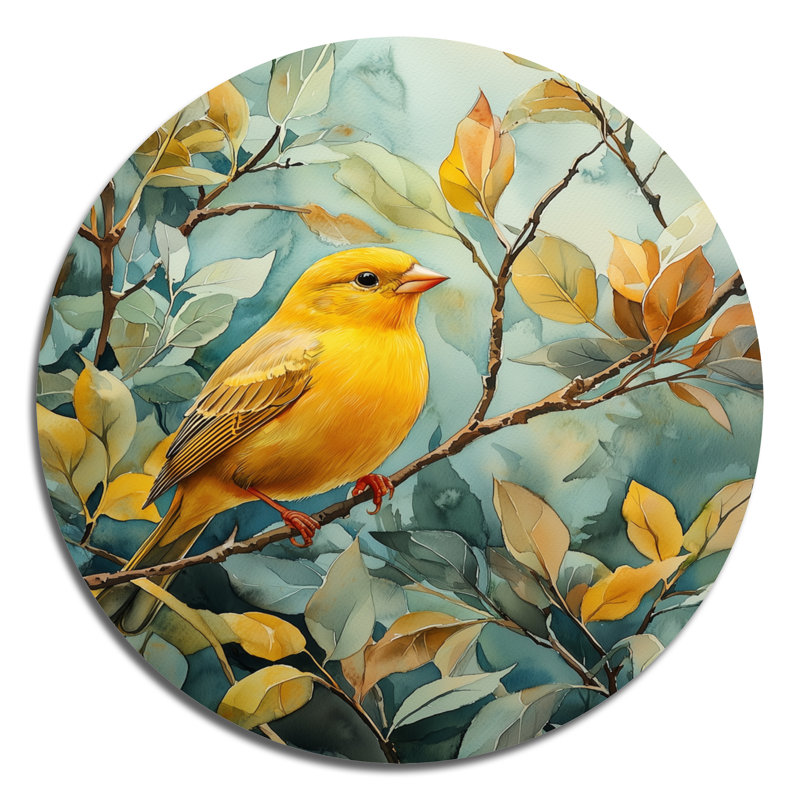 Jumaina - oiseau rond, impression sur métal jaune moderne, H 16 po x l 16 po