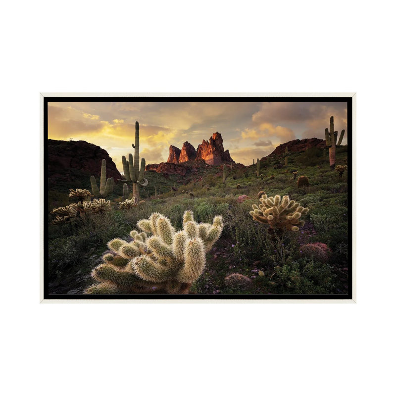 Arizona Desert Sunset, Distressed White Floater Framed Canvas, 18" H x 26" W x 1.5" D