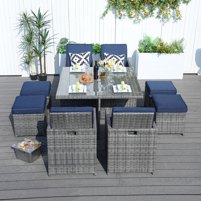 Square 8 - Person 49.2'' Patio Dining Set With Cushions, Gray, Navy Blue