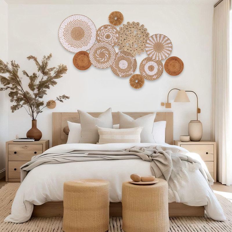Boho, ensemble de 11 paniers muraux décoratifs - panier de jonc suspendu tissé à la main, paniers plats ronds fabriqués à la main, pour maison de campagne rustique? Home - Décoration murale unique en osier de rotin