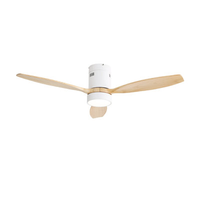 52 Inch Flush Mount Ceiling Fan with LED Light, 3 Solid Wood Blades Quiet DC Reversible Low Profile Fan with Remote Control