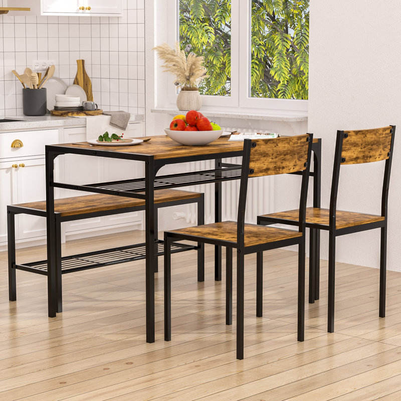 4 - Person Four Leg Dining Set With Chairs and Bench, Rectangular Kitchen Table Set For 4, Farmhouse Breakfast Table Set With Storage Shelf For Small Space