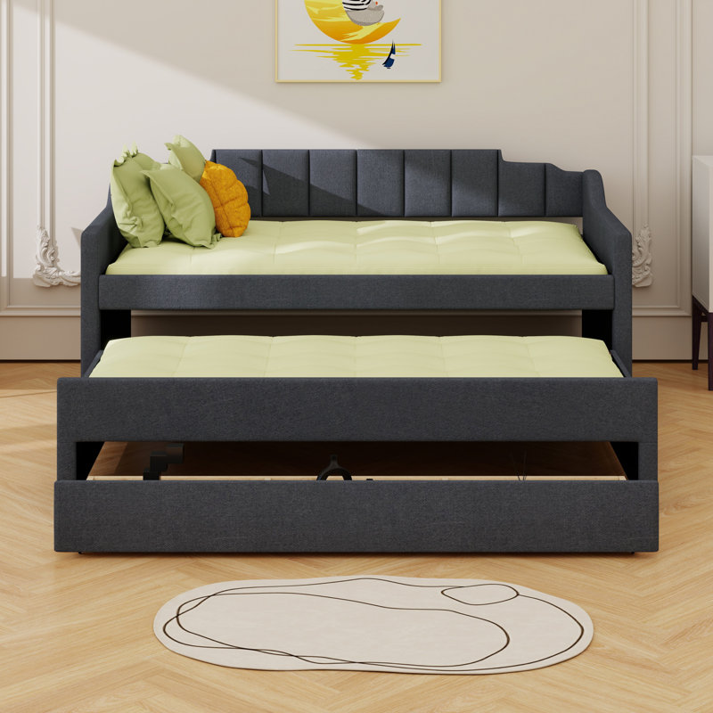 Lit de jour rembourré avec couchette et tiroirs, Beige