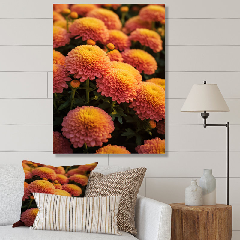 " Yellow Peach Mums In Bloom ", 32" H x 16" W x 1" D, Wrapped Canvas
