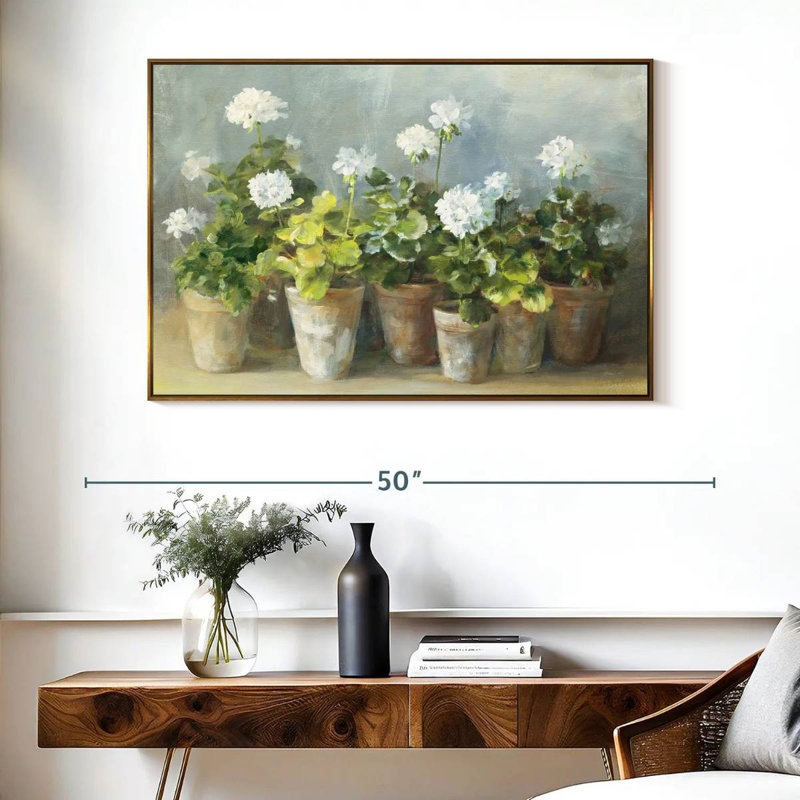 Géraniums blancs, Cadre flottant doré, 40 po x 27 po