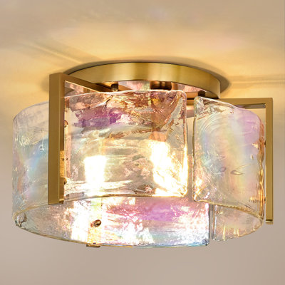 Iridescent Glass Flush Mount Ceiling Light - Modern 3-Light Semi-Flush Fixture with Brass Finish for Bedroom, Hallway & Entryway