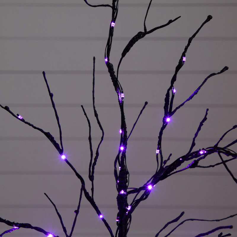 3 pi. Arbre artificiel pré-éclairé noir avec 80 lumières DEL orange et mauves