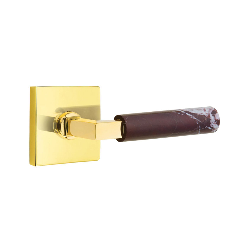 Emtek Select PRIVACY Leverset w/ Square Rosette & L-Square Stem, Rosso Levanto Marble Lever (CF), Unlacquered Brass