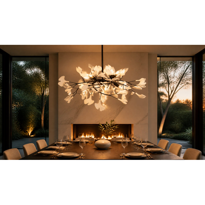 Lustre 8 lumières de luxe Ginkgo, laiton, Noir mat
