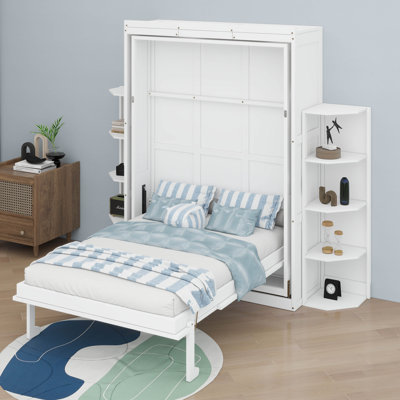 Grand lit escamotable avec bureau convertible, 2 tablettes latérales à 3 niveaux et supports de rangement supplémentaires, armoire murale pivotante en bois