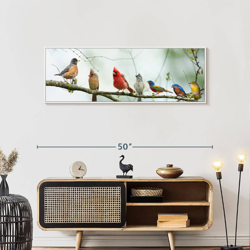 Rassemblement d'oiseaux, Cadre flottant blanc, 46 po x 16 po