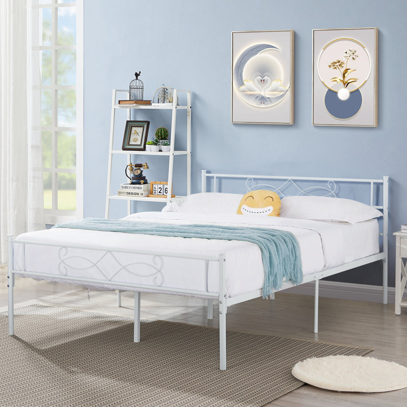 Queen Bed Frame Metal Platform Bed Frame with Headboard & Footboard,  Mattress Foundation ,No Box Spring Needed, White, Queen