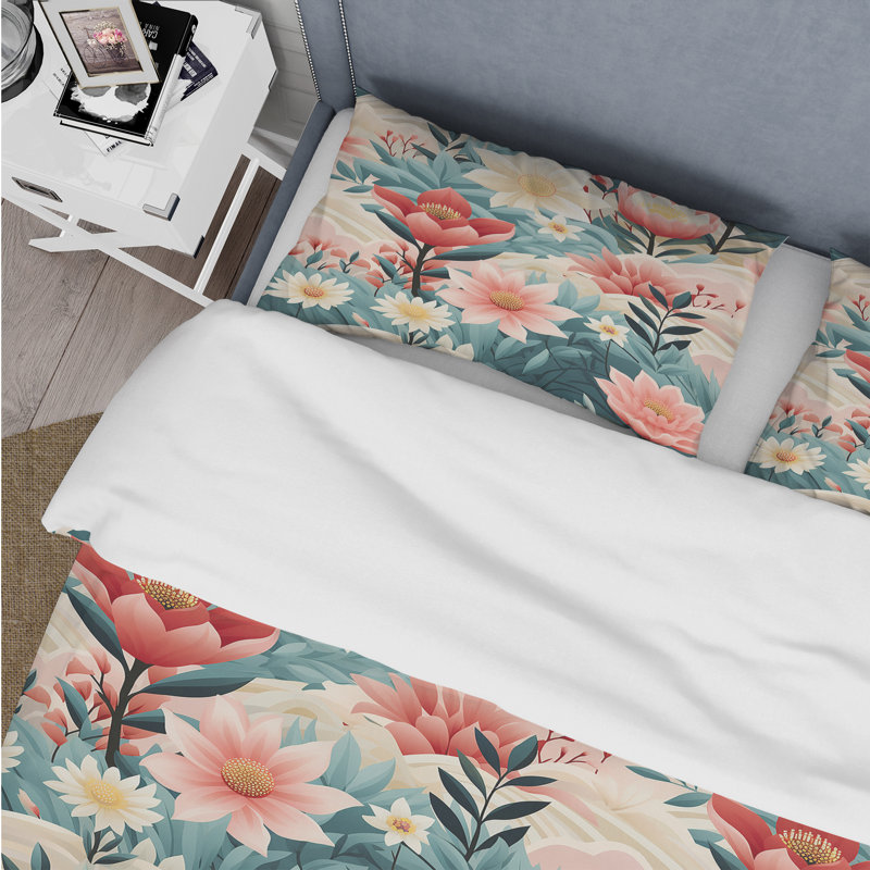 Ensemble de housse de couette Coral & Blue Enchanted Gardens, Housse de couette pour très grand lit et 2 très