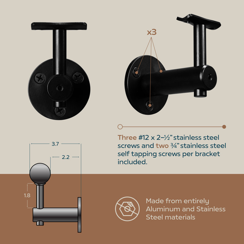 Industrial Aluminum 1.5 Inch Round Complete Indoor/Outdoor Handrail Grab Bar Kit, 60" W, Black