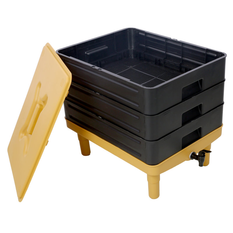 Système de compostage de vers à 3 plateaux, ensemble de bacs de vermiculture 65L avec couvercle, composteur en plastique jaune et noir pour le recyclage des déchets de jardin